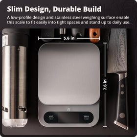 Greater Goods scale demonstrates 22 lb capacity for bulk cooking and batch prep.