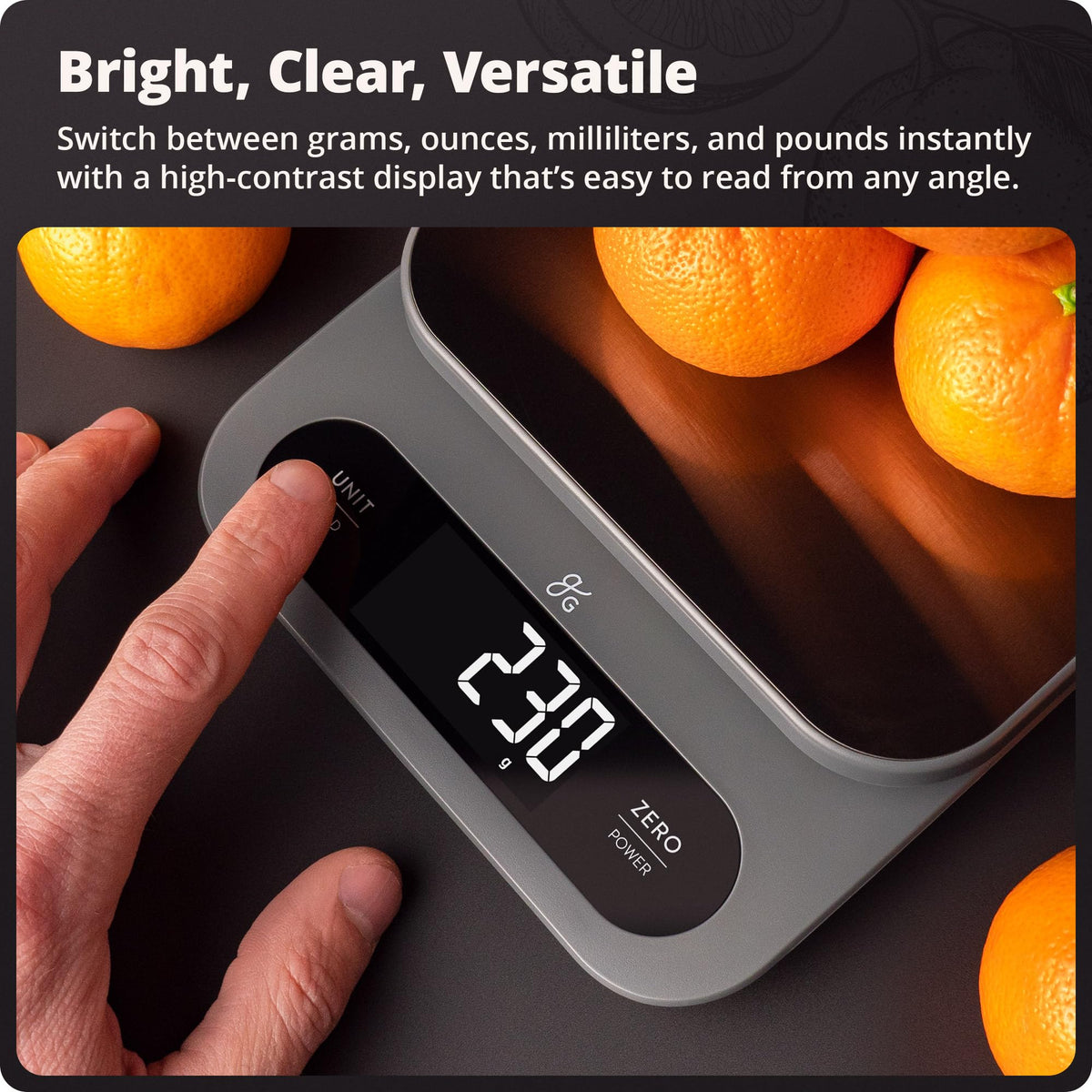 Greater Goods digital scale is compact and battery powered for kitchen on the go.