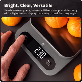 Greater Goods digital scale is compact and battery powered for kitchen on the go.