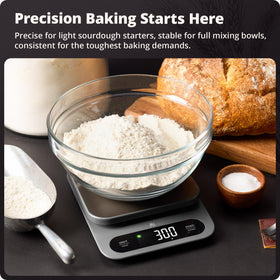 Greater Goods digital food scale features a bright Hi-Def LCD for easy cooking readings.