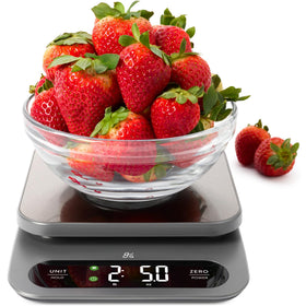Greater Goods digital food scale with stainless-steel platform for precise ingredient prep.