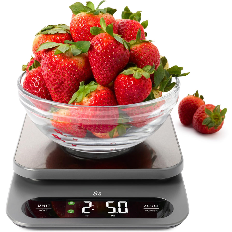Greater Goods digital food scale with stainless-steel platform for precise ingredient prep.