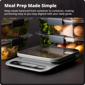 Greater Goods scale includes a zero/tare function for quick prep with bowls.