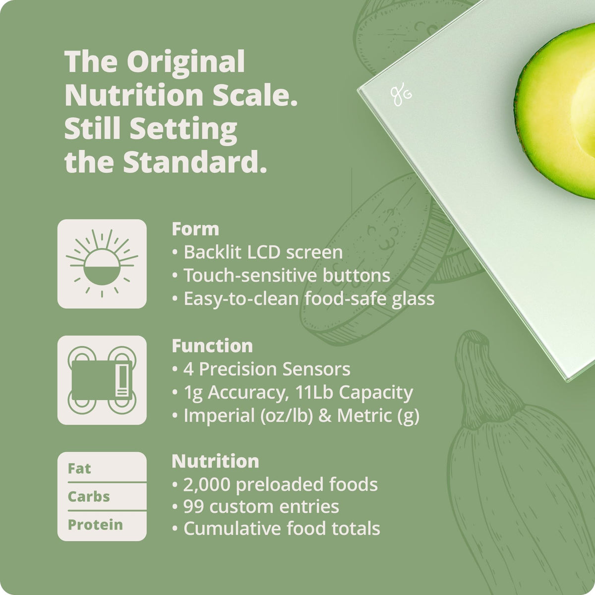 Greater Goods Digital Nutrition Scale showing 2,000 built-in foods data.