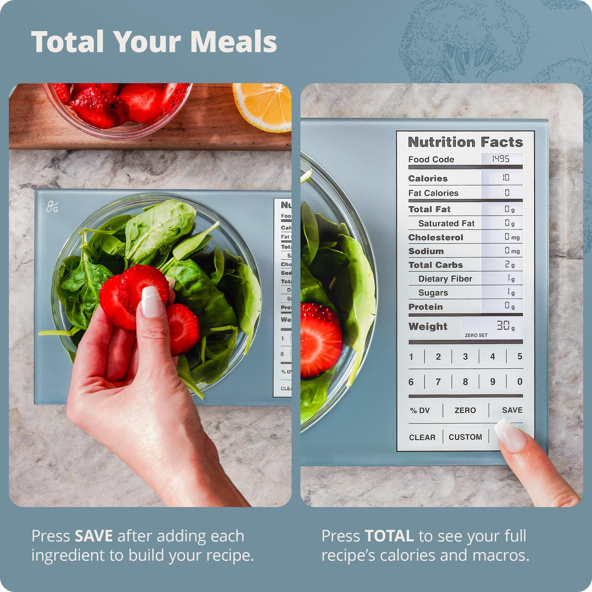 Greater Goods Digital Nutrition Scale highlighting 1g accuracy for precise portions.