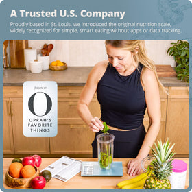 Greater Goods Digital Nutrition Scale powered by batteries with long-lasting auto shutoff.