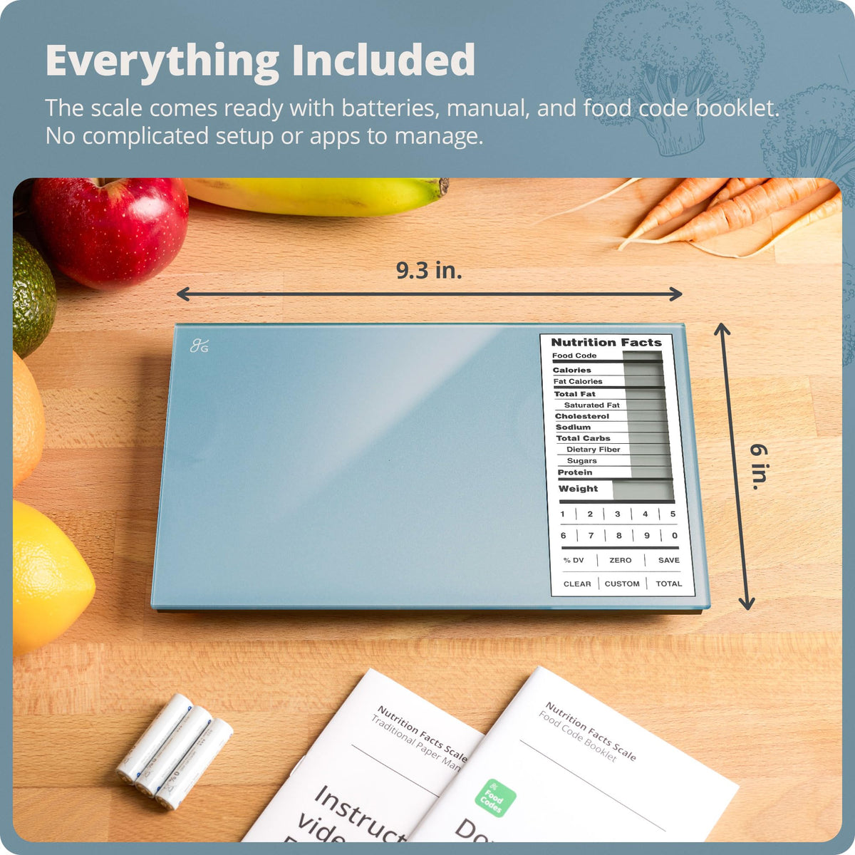 Greater Goods Digital Nutrition Scale compact design fits easily in drawers or on counters.