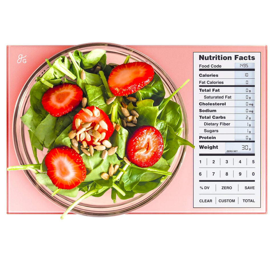 Greater Goods digital nutrition scale front view in pink for precise meal prep.