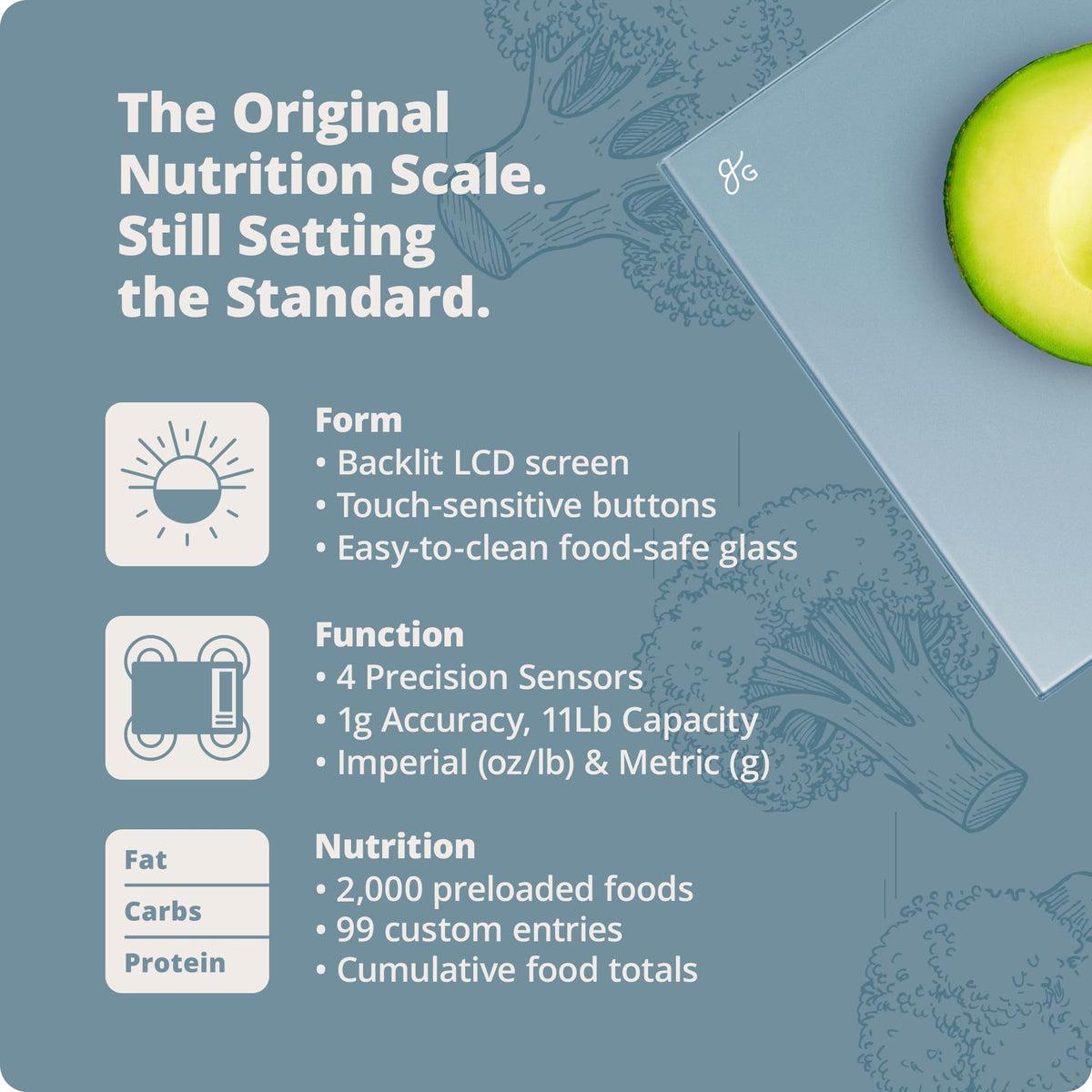 Greater Goods Digital Nutrition Scale showing the nutrition label display for quick planning.
