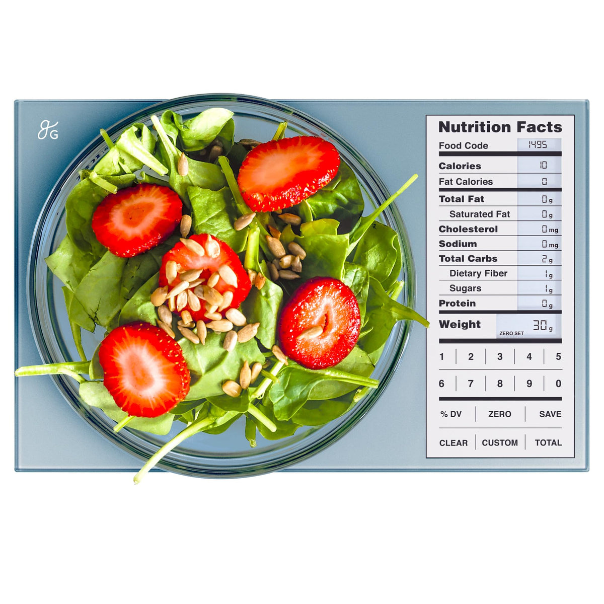 Greater Goods Digital Nutrition Scale on a kitchen counter with a clear display for precise meals.