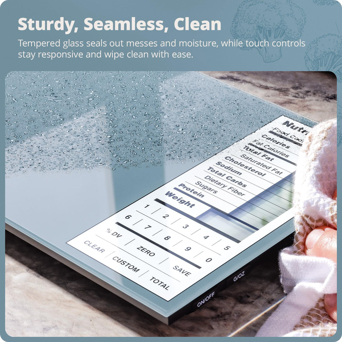Greater Goods Digital Nutrition Scale with tempered glass surface for hygienic daily use.