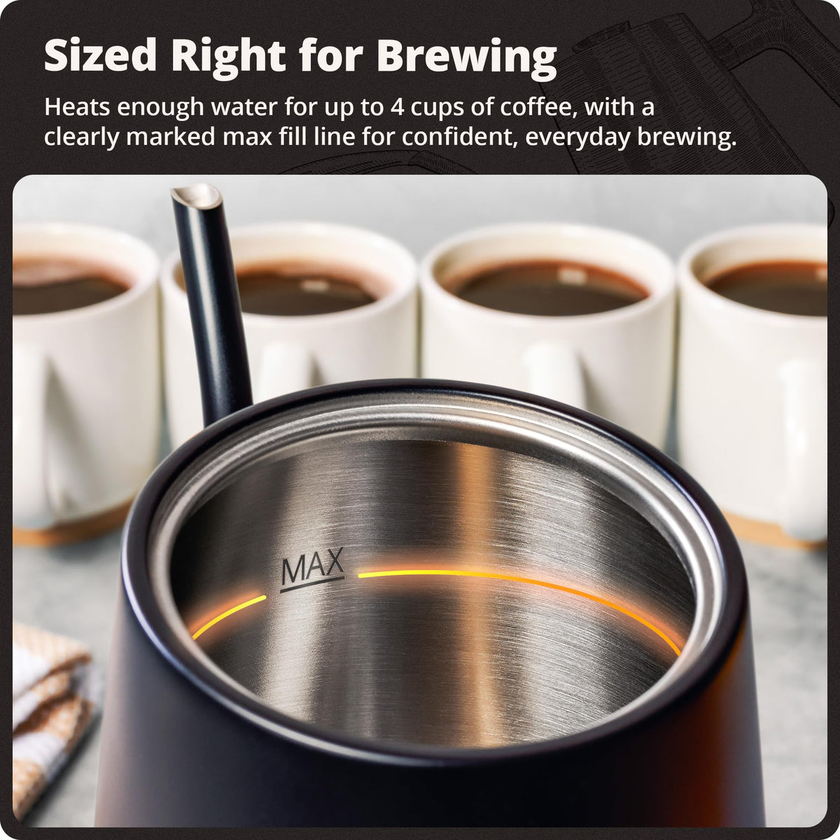 Greater Goods gooseneck kettle’s audible ready tone signals brewing readiness