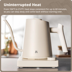 Greater Goods kettle digital display shows temperature for coffee or tea.