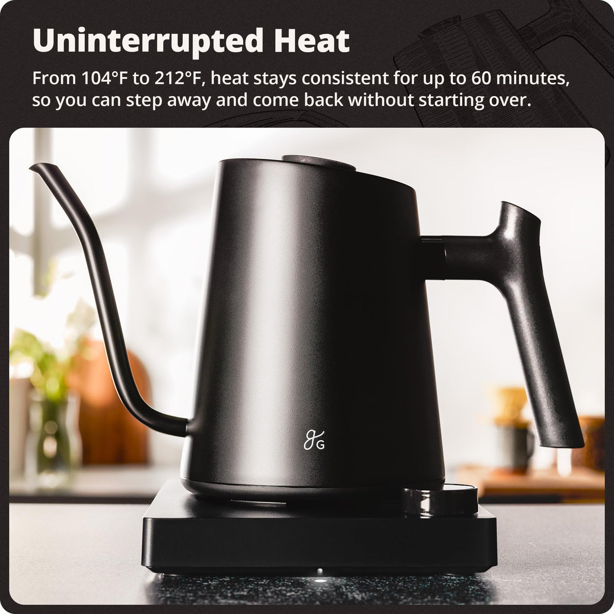 Greater Goods gooseneck kettle rapid boil in a stylish stainless steel body