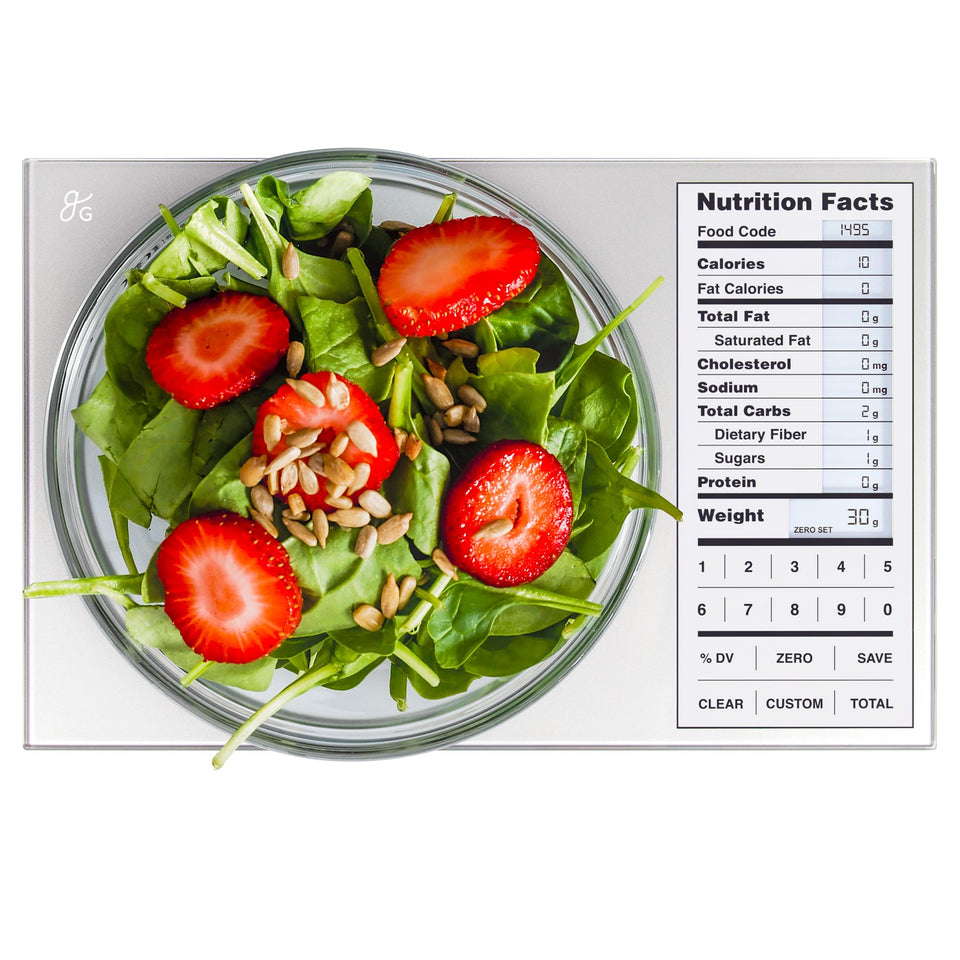 Greater Goods Food Scale digital display shows calories clearly for easy tracking.