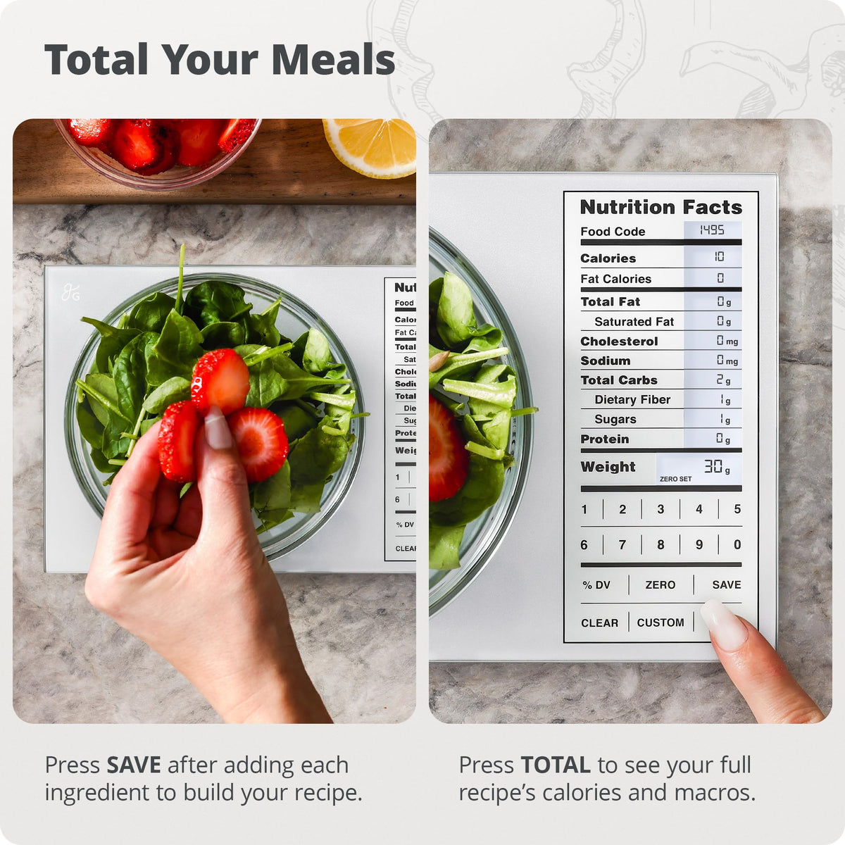 Greater Goods Food Scale pre-loaded food codes for quick reference during prep.