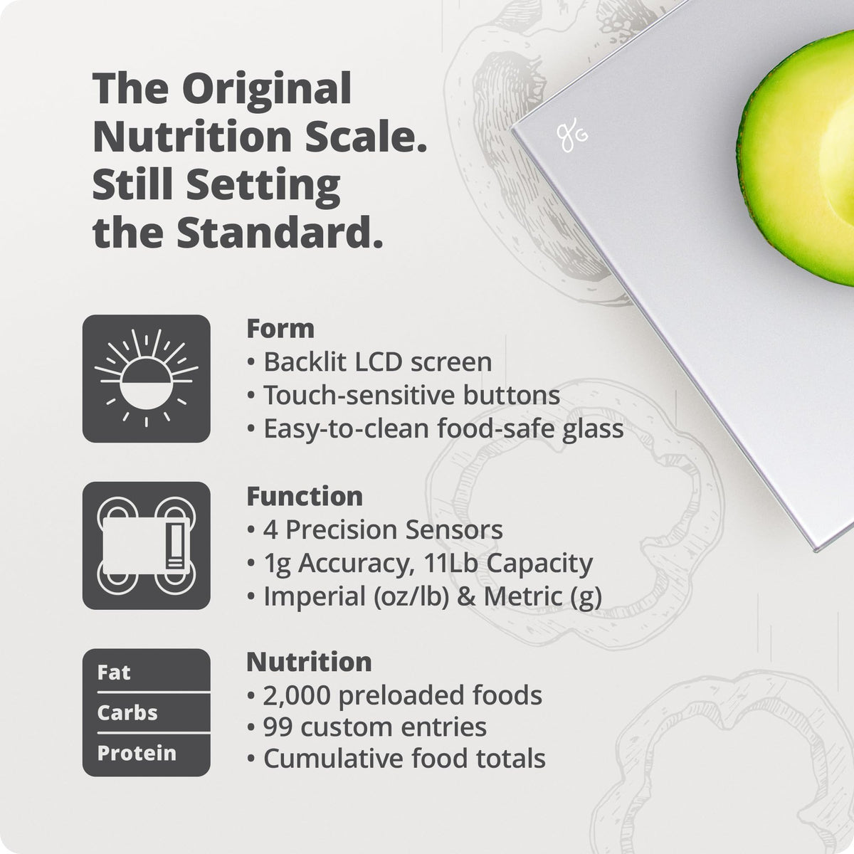 Greater Goods Food Scale nutrition calculator displays calories, protein, and fats.