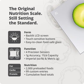 Greater Goods Food Scale nutrition calculator displays calories, protein, and fats.