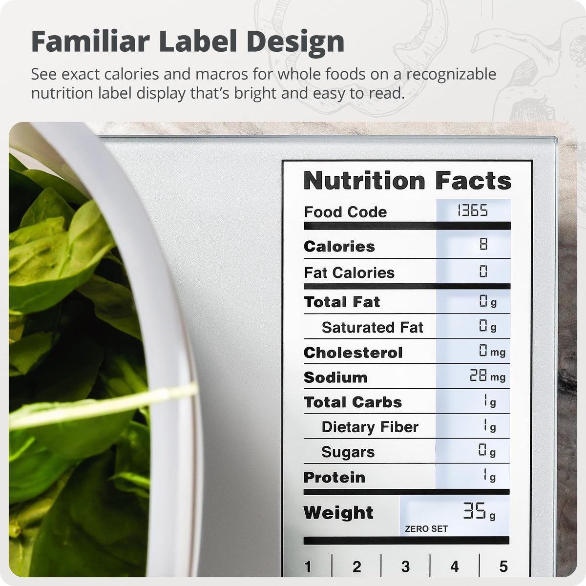 Greater Goods Food Scale tare function keeps meal prep tidy and accurate.
