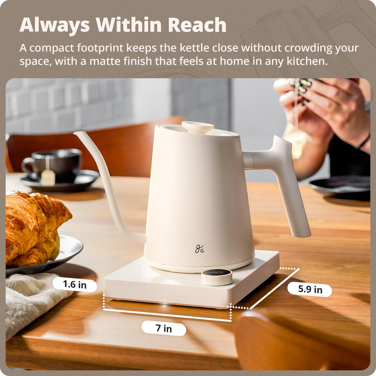 Greater Goods kettle auto shut-off adds safety after boiling.