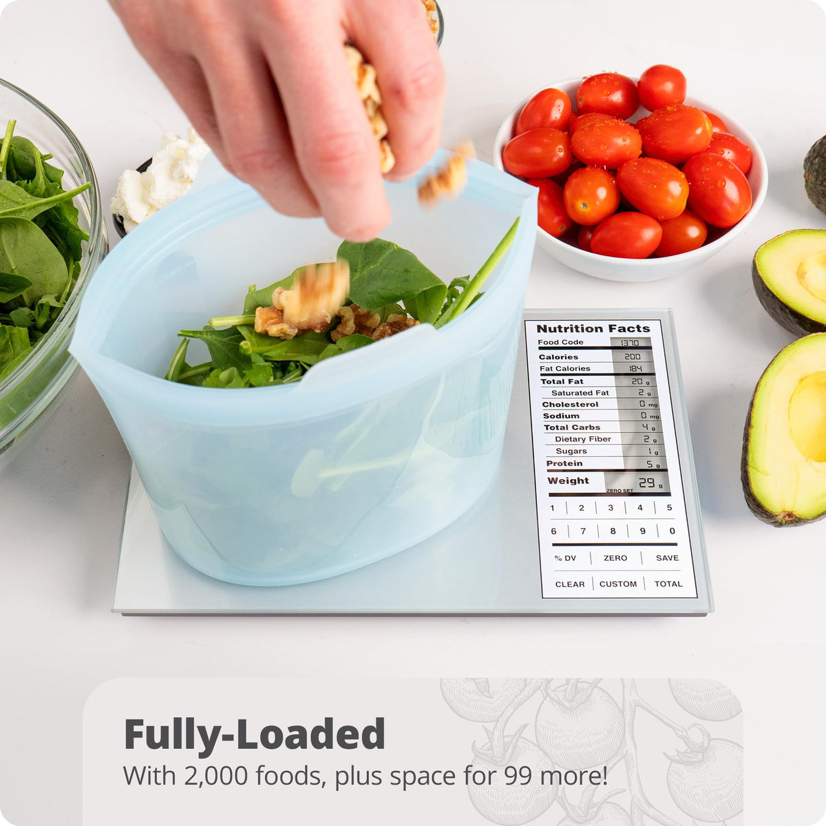 Greater Goods scale supports custom entries for personalized nutrition tracking