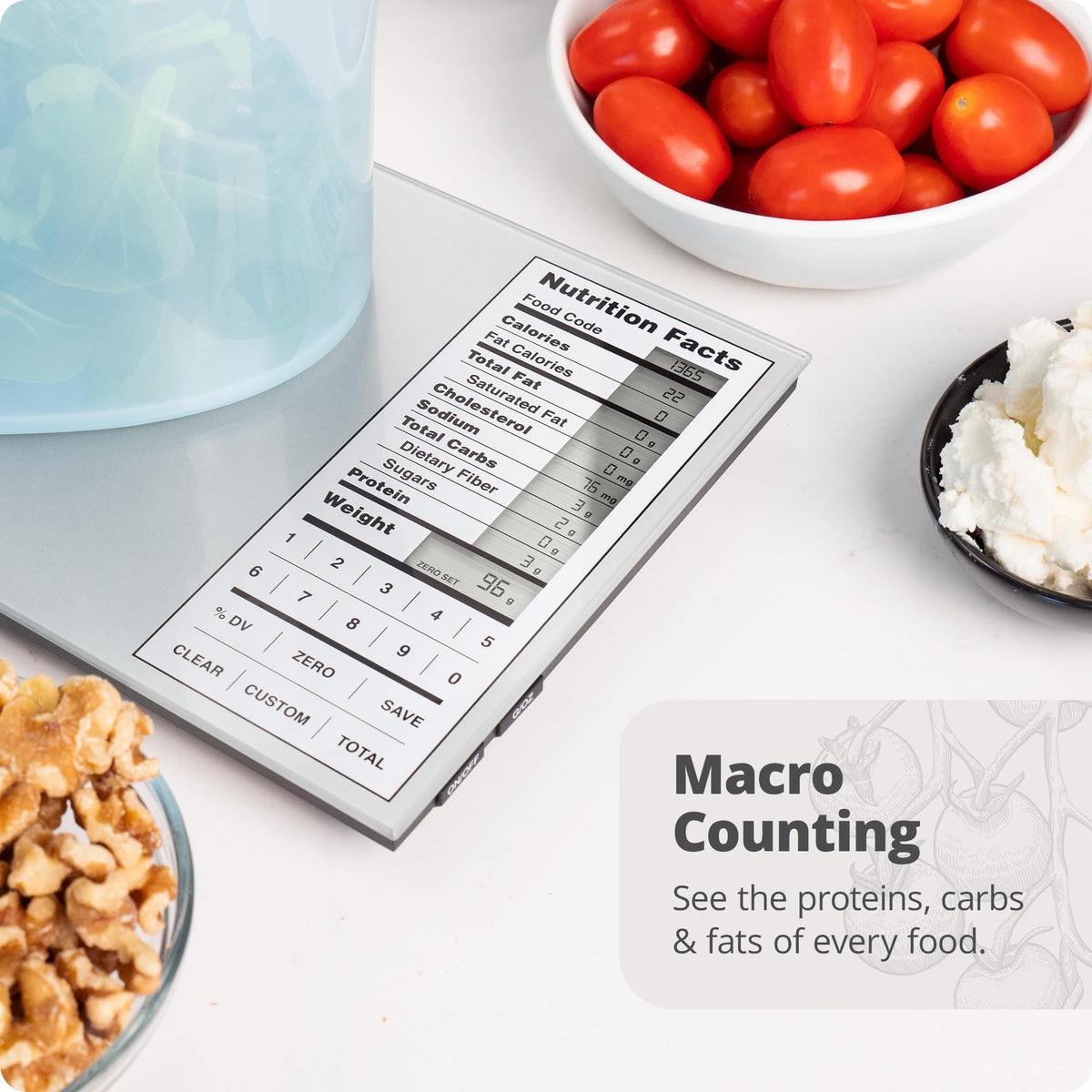 Greater Goods scale shows gram-level measurements for accurate portion control