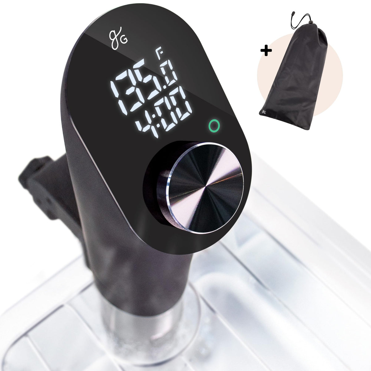 Greater Goods sous vide machine LED display shows precise temperature for consistent cooking.