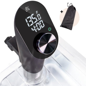 Greater Goods sous vide machine LED display shows precise temperature for consistent cooking.