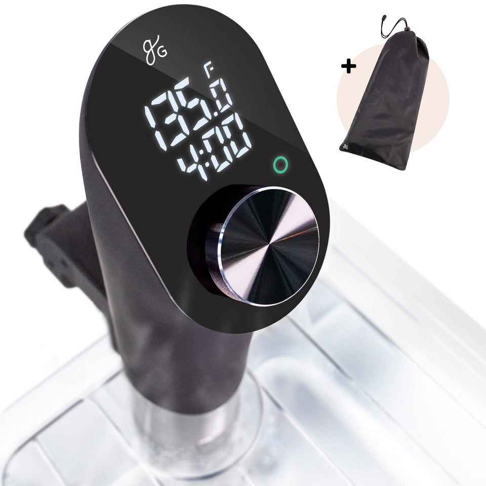 Greater Goods sous vide machine LED display shows precise temperature for consistent cooking.