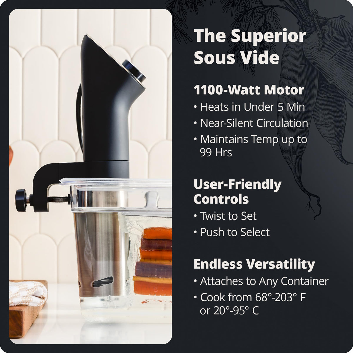 Greater Goods sous vide range 68-203 F supports versatile recipes with precision.