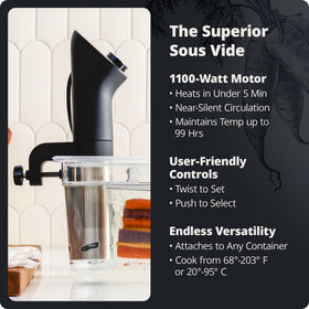 Greater Goods sous vide range 68-203 F supports versatile recipes with precision.