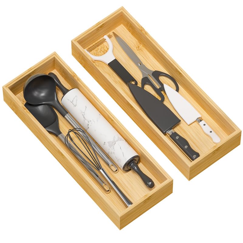 Greatseas bamboo drawer organizer shows external size 17x6 for spacious utensil storage.