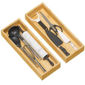 Greatseas bamboo drawer organizer shows external size 17x6 for spacious utensil storage.