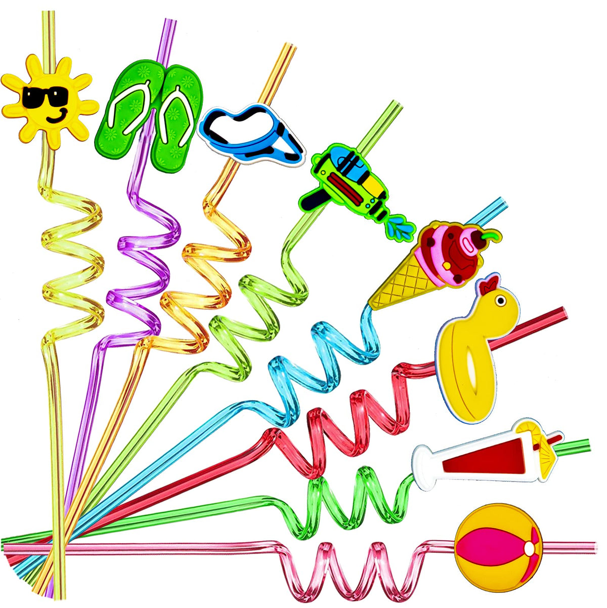 GREAWOD beach-theme straws with colorful patterns for festive drinks.