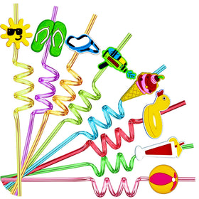 GREAWOD beach-theme straws with colorful patterns for festive drinks.