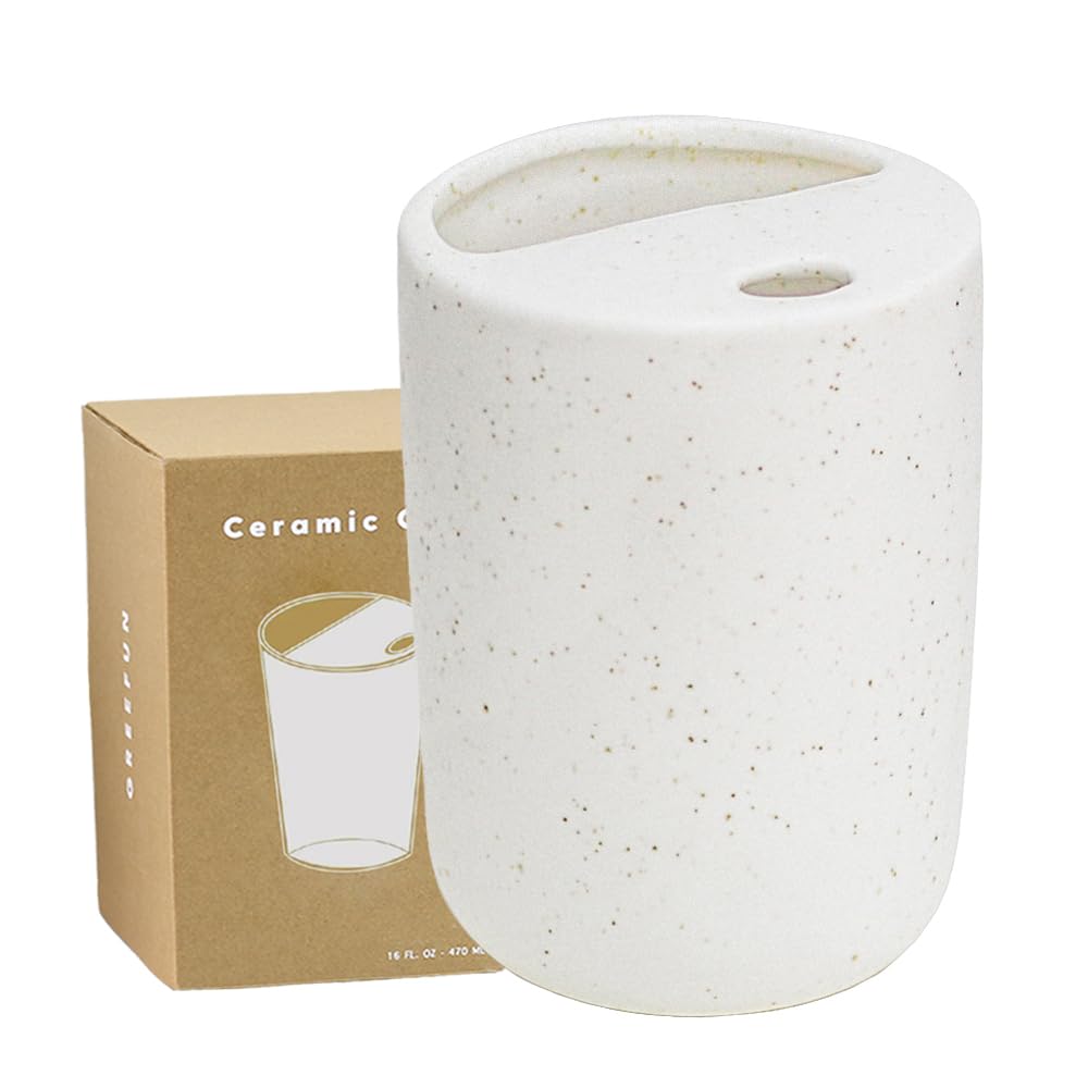 Greefun ceramic travel tumbler with half-lid for mess-free sipping on the go.