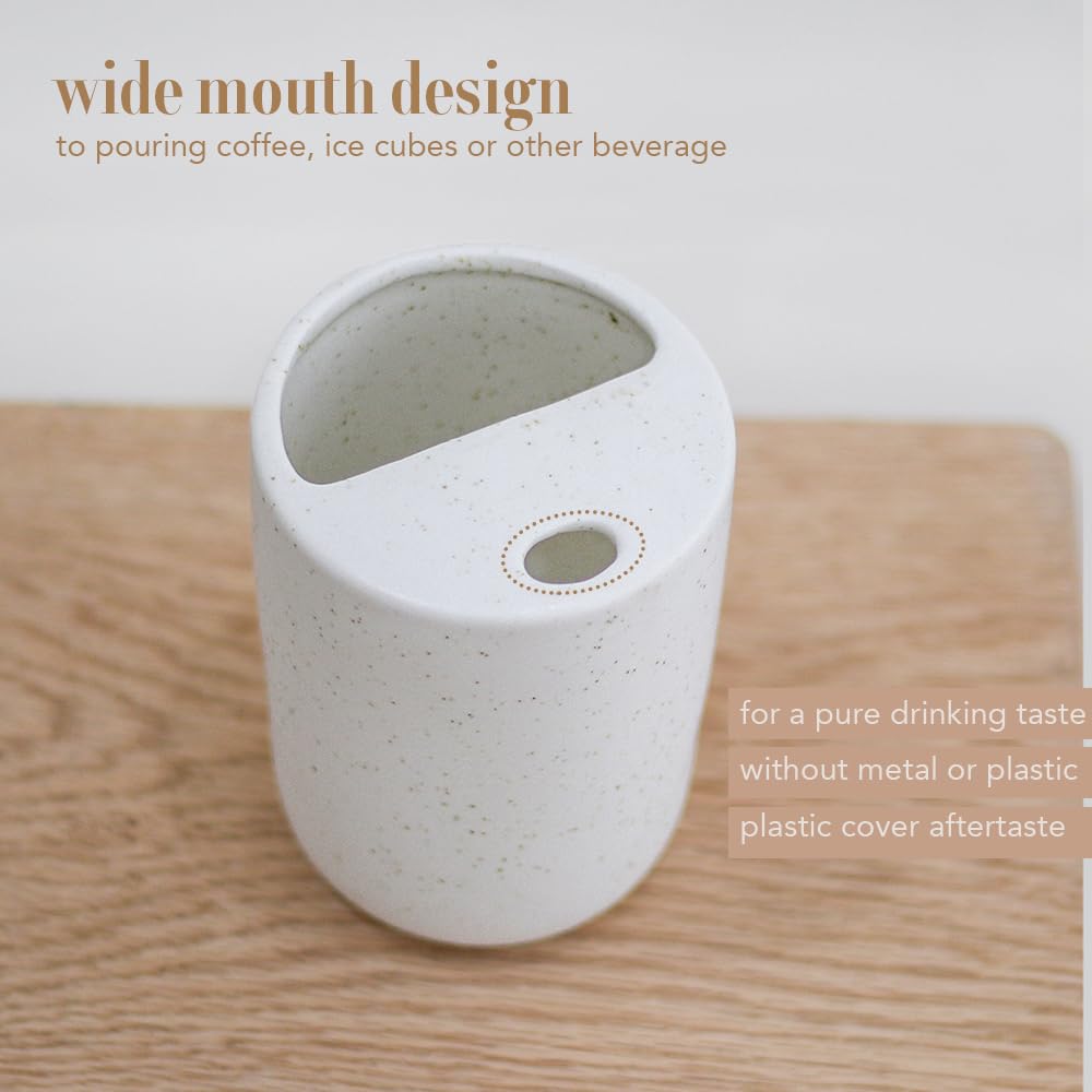 Greefun speckle white ceramic cup with sip-top lid for easy one-handed use.