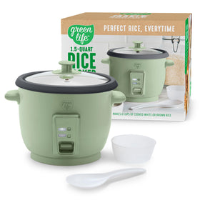 GreenLife rice cooker sage green, compact countertop presence for daily meals.