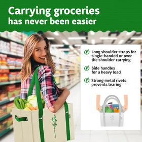 Green Bulldog Bags reinforced bottom stays upright while loading groceries