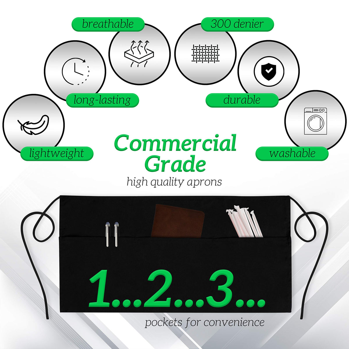 GREEN LIFESTYLE waist apron with 3 pockets keeps pens and order pads within reach.