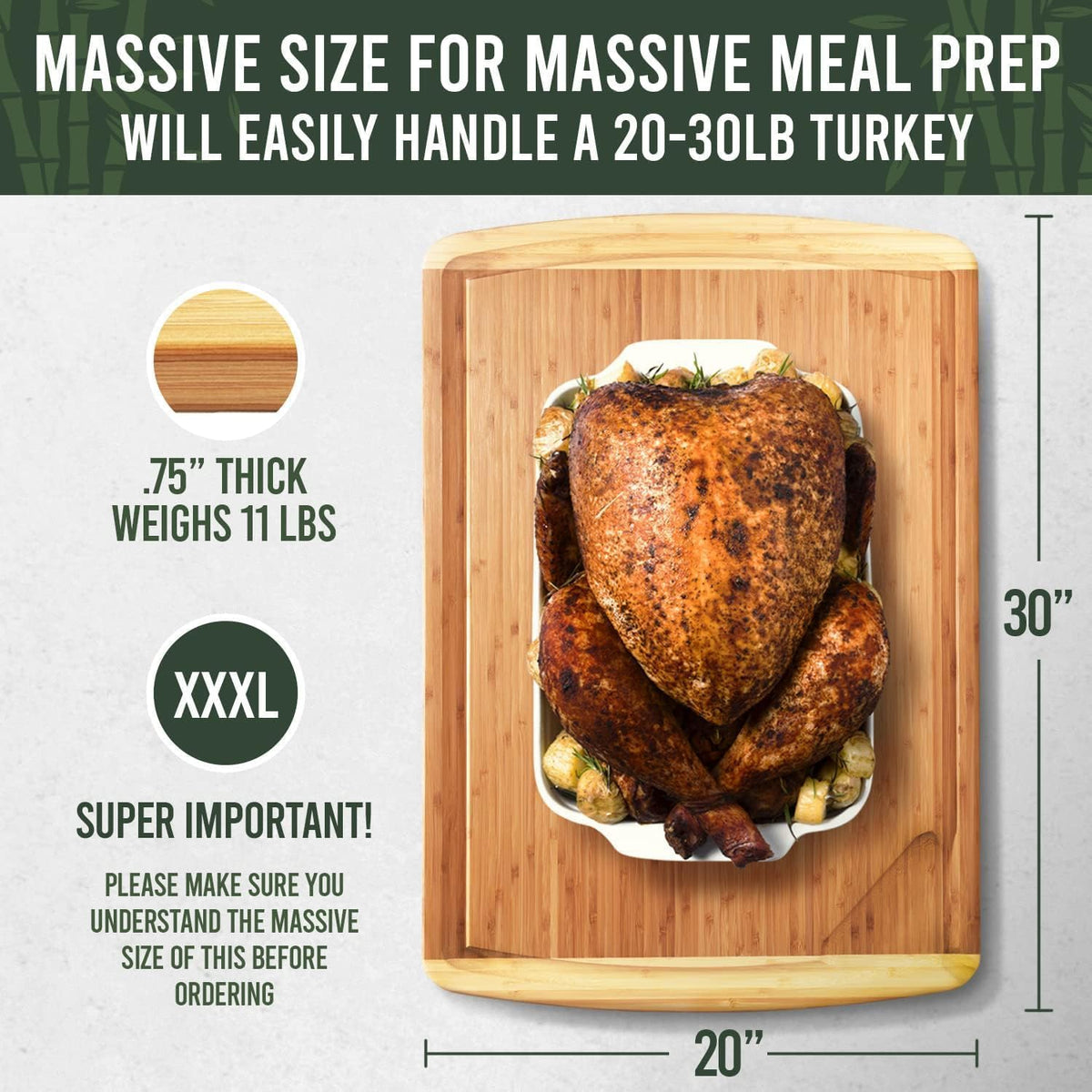 Greener Chef 30x20 cutting board showing juice reservoir and pour spout for mess-free carving.