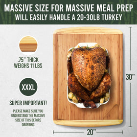 Greener Chef 30x20 cutting board showing juice reservoir and pour spout for mess-free carving.