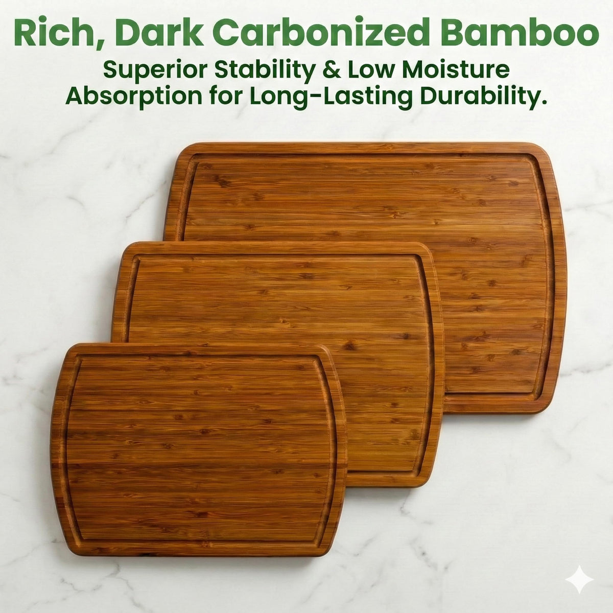 Greener Chef vertical grain bamboo board resists knife marks for lasting smoothness.