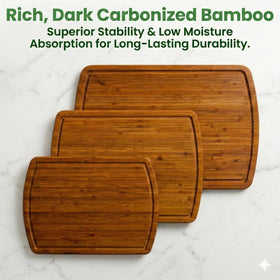Greener Chef vertical grain bamboo board resists knife marks for lasting smoothness.