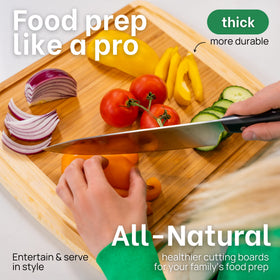 Greener Chef bamboo board features deep juice grooves to protect counters during prep.