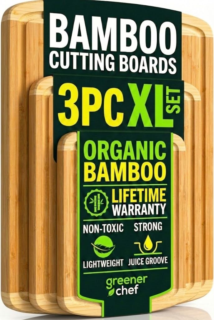 Greener Chef luxury XL bamboo cutting boards set of 3 on counter for versatile meal prep