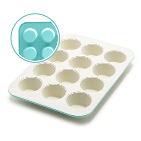 GreenLife 12-cup muffin pan close-up showing easy nonstick release.