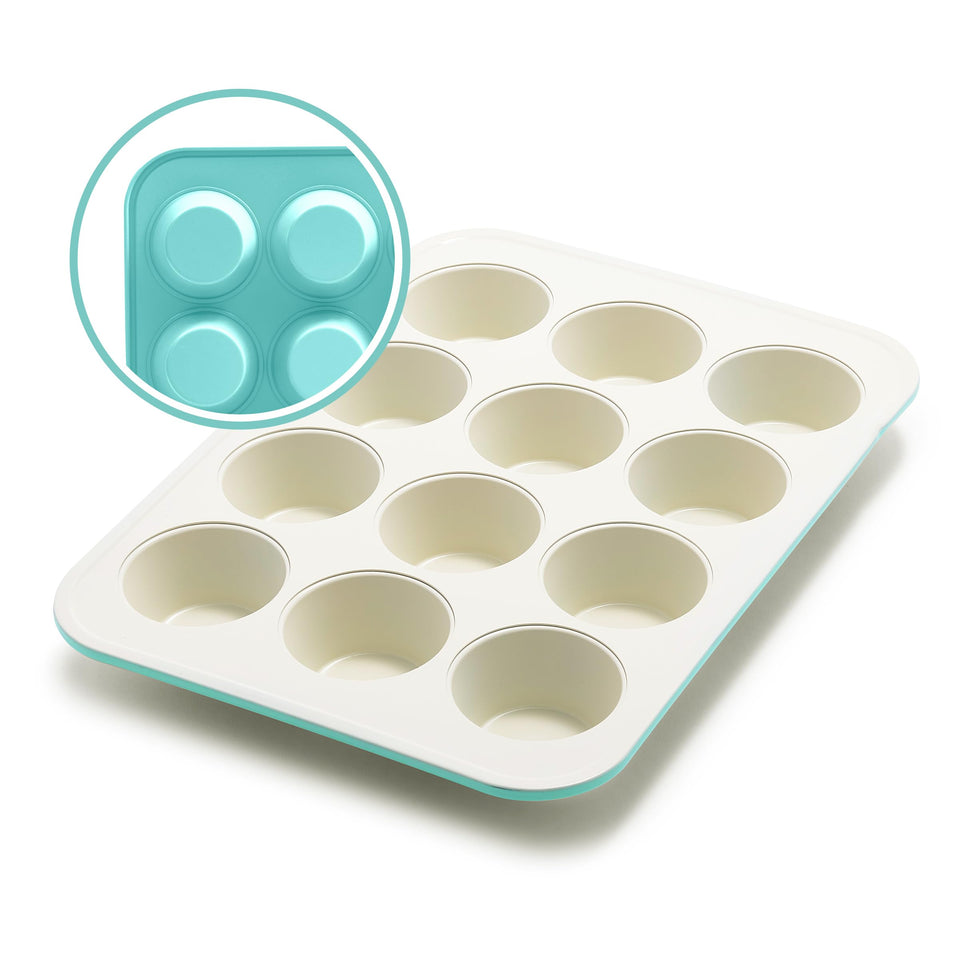 GreenLife 12-cup muffin pan close-up showing easy nonstick release.