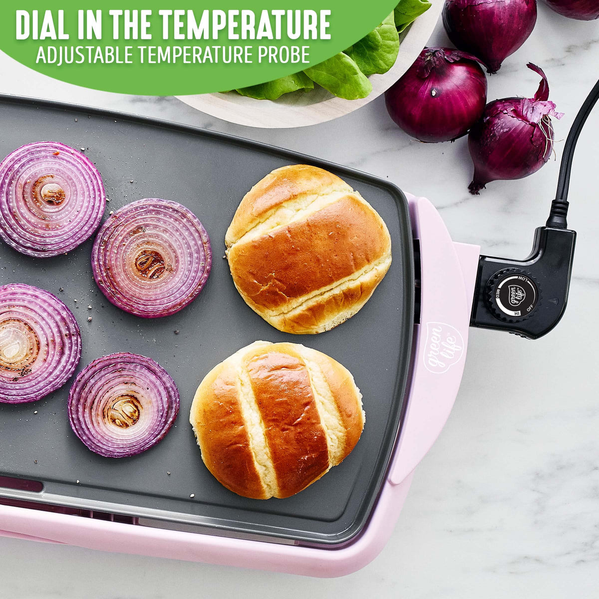 GreenLife 1500-watt heating for quick, even browning of pancakes and sausages.