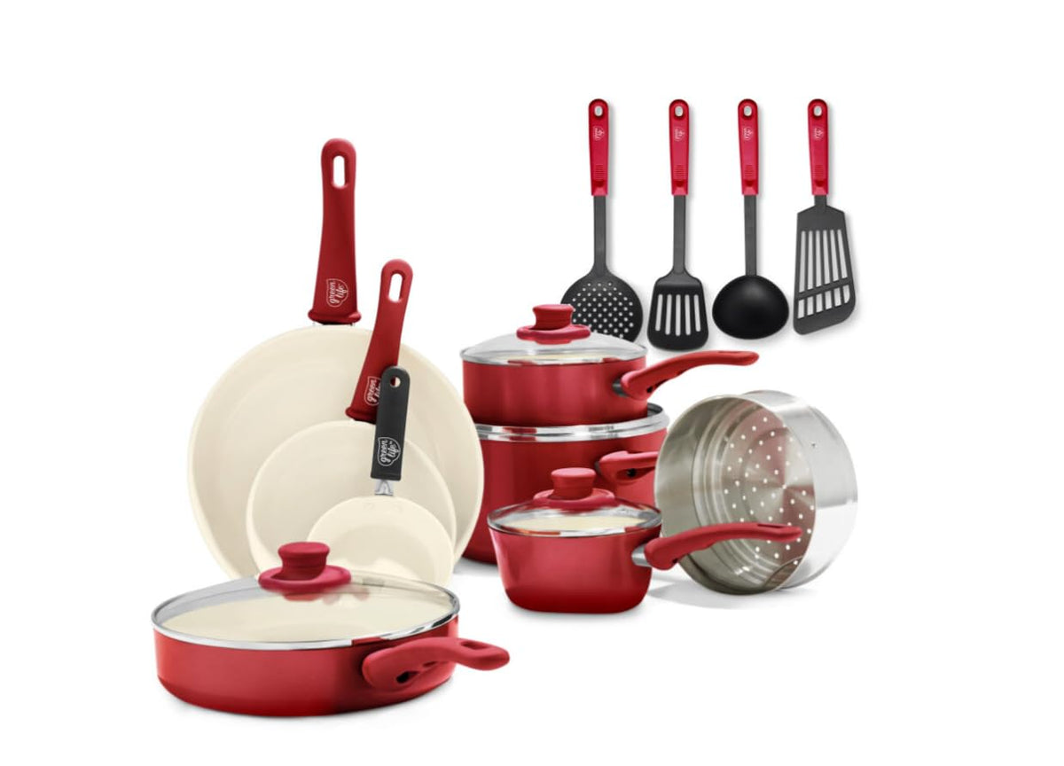 GreenLife 16-piece nonstick cookware set in full view for versatile home cooking.